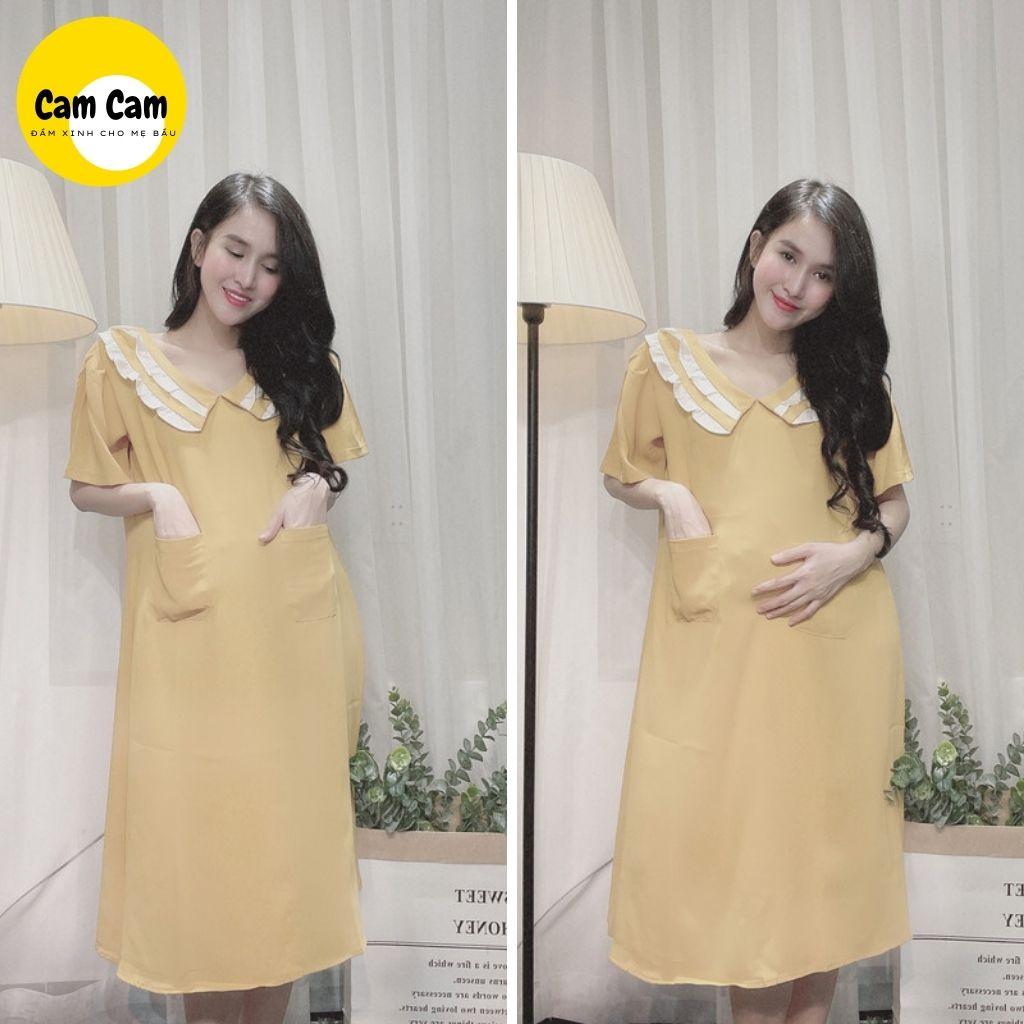 Đầm bầu xinh - Váy bầu công sở lụa hàn vàng, 2 túi trước, dễ thương, thoáng mát, mã ĐB1004