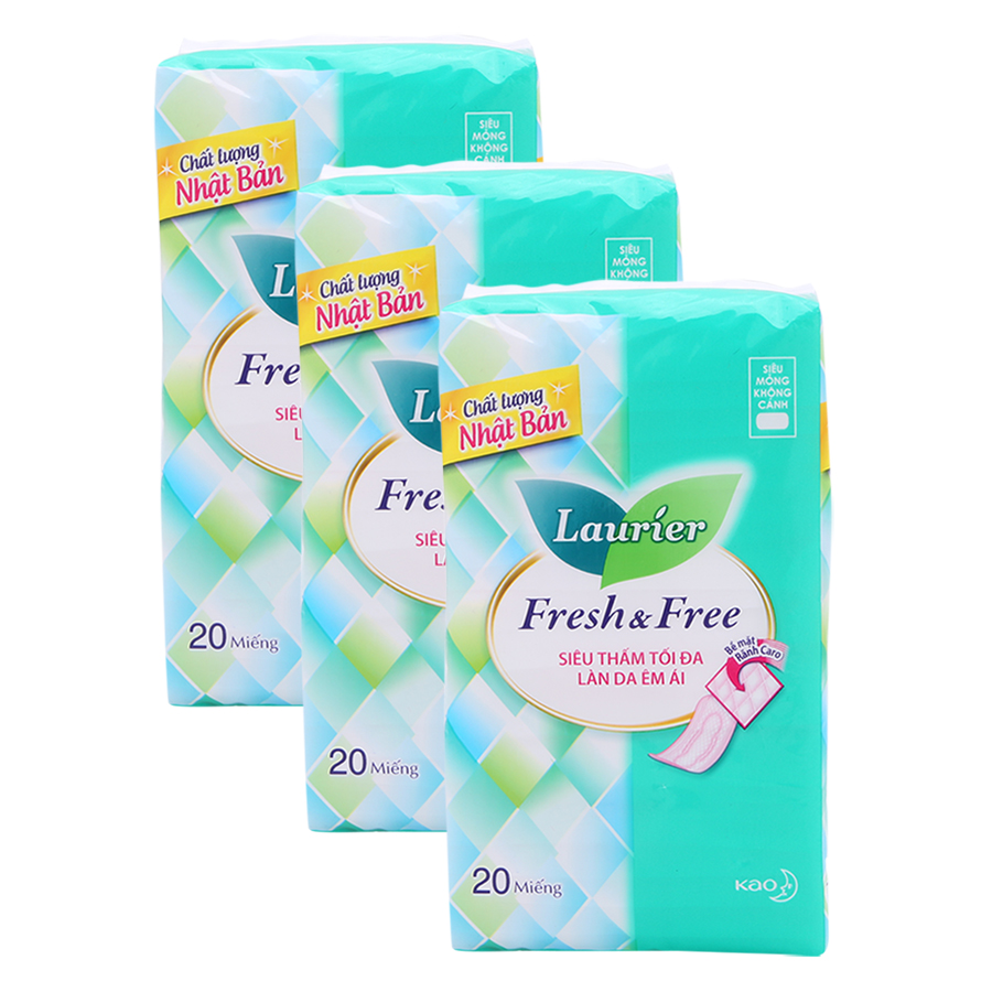 Combo 3 Băng Vệ Sinh Laurier Fresh & Free Siêu Mỏng Không Cánh - 20 Miếng