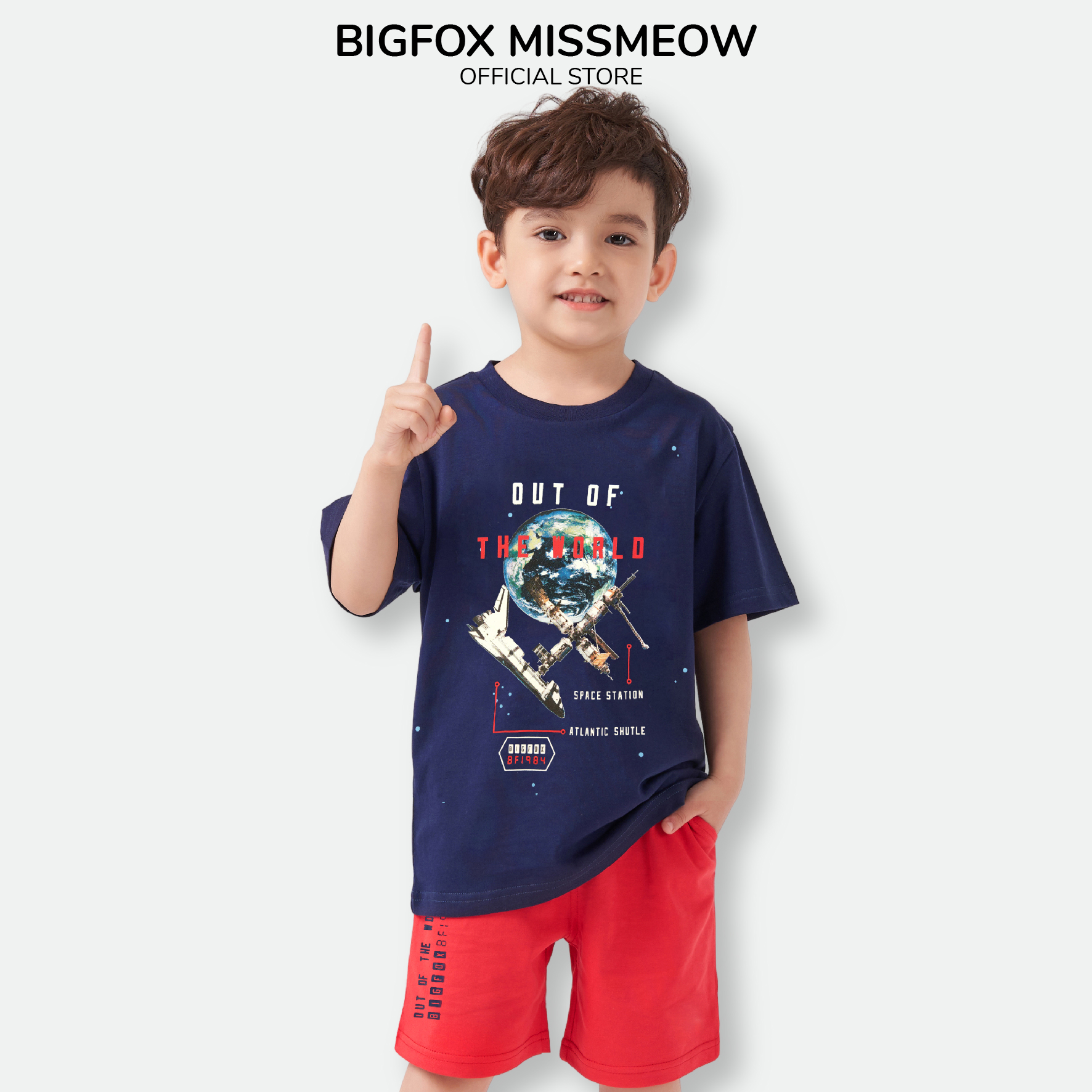 Đồ bộ bé trai cộc tay BIGFOX - MISS MEOW size đại chất cotton phong cách Âu Mỹ in Vũ trụ THE WORLD 11 - 34 kg QATE