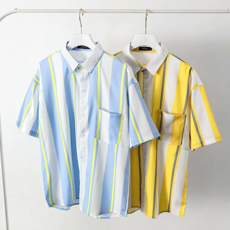 Áo Sơ Mi Ngắn Tay Form Rộng Họa Tiết Sọc Ngang Thời Trang Mùa Hè Dành Cho Nam