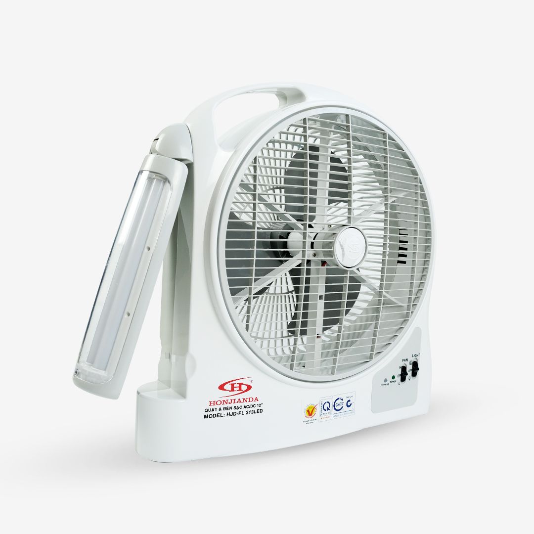 Quạt Sạc Tích Điện Dạng Hộp AC&amp;DC 12 inch Honjianda HJD-FL313 loại 2 bình có đèn LED - Hàng Chính Hãng