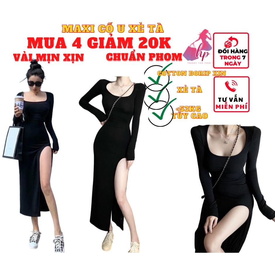 Váy đầm maxi dài nữ ôm body cổ U xẻ tà tay dài thun cottton xịn thời trang dự tiệc sexy phong cách hàn -VD04...