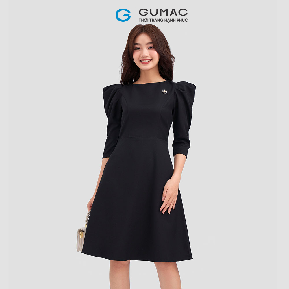 Đầm xòe GUMAC DC12008 cổ thuyền tay nhún sang trọng