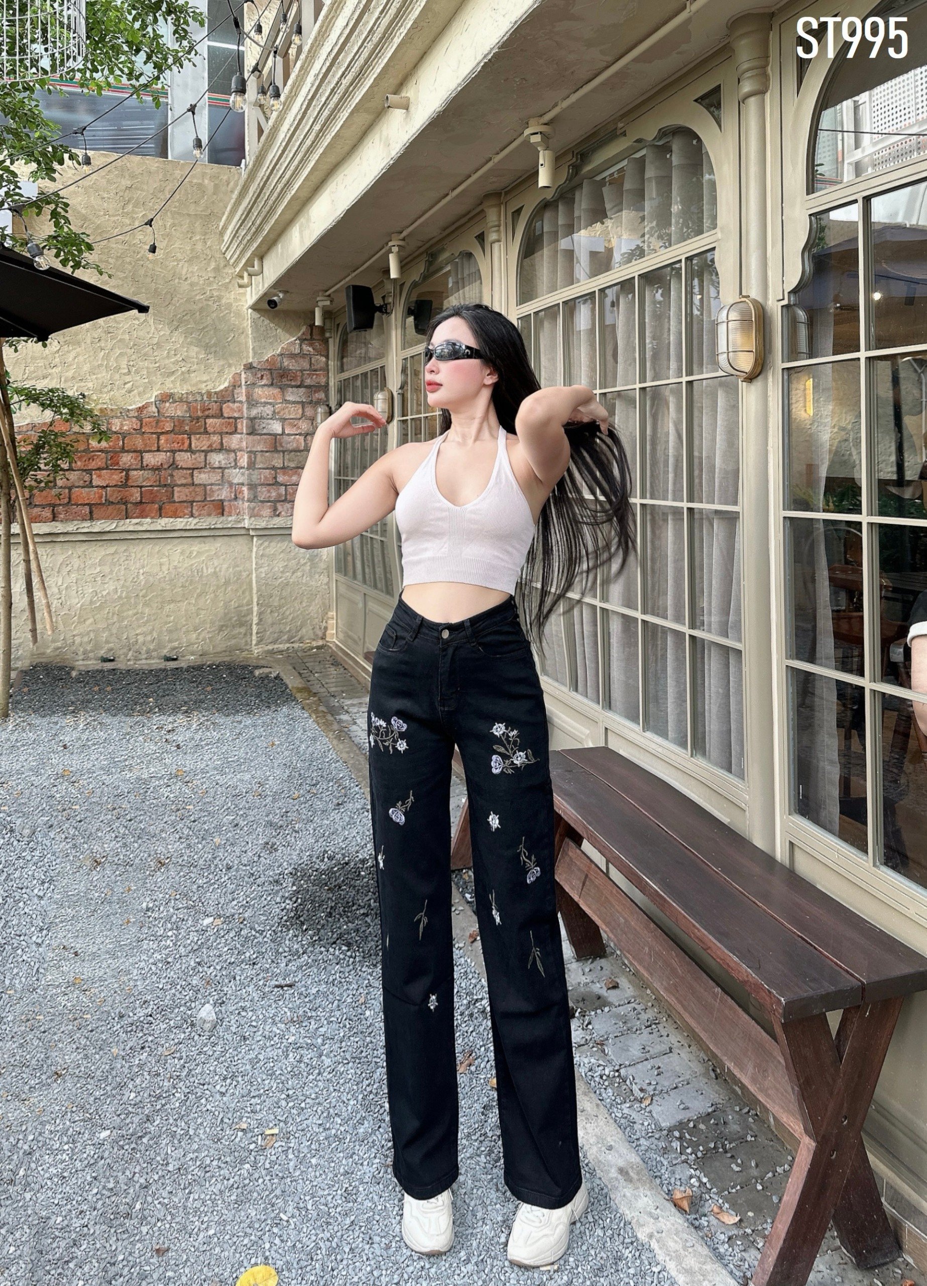 Quần Jeans Nữ Ống Rộng Thêu Hoa Lưng Cao Co Giãn, Chất Mát Tôn Dáng
