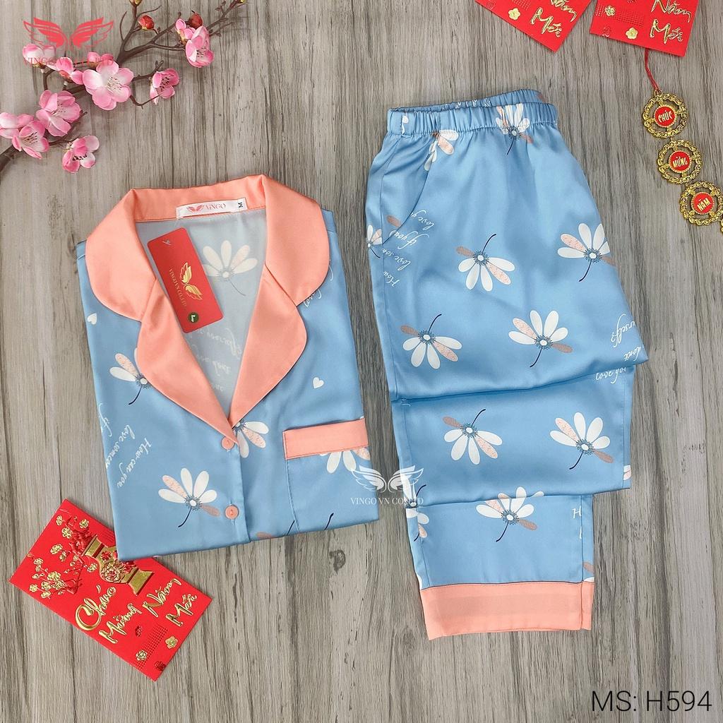 Đồ bộ ngủ nữ pijama mặc nhà VINGO Lụa Pháp mềm mịn cao cấp tay dài quần dài họa tiết hoa trắng mùa Đông H594 VNGO