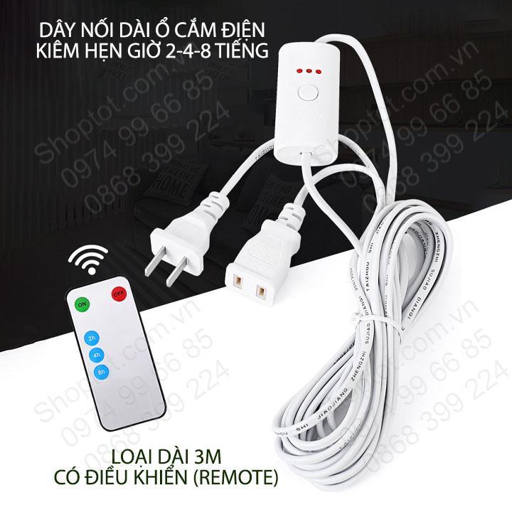 Ổ cắm điện kéo dài kiêm hẹn giờ tự tắt 2-4-8 giờ, dài 3.0m, loại có hoặc không có remote tùy chọn