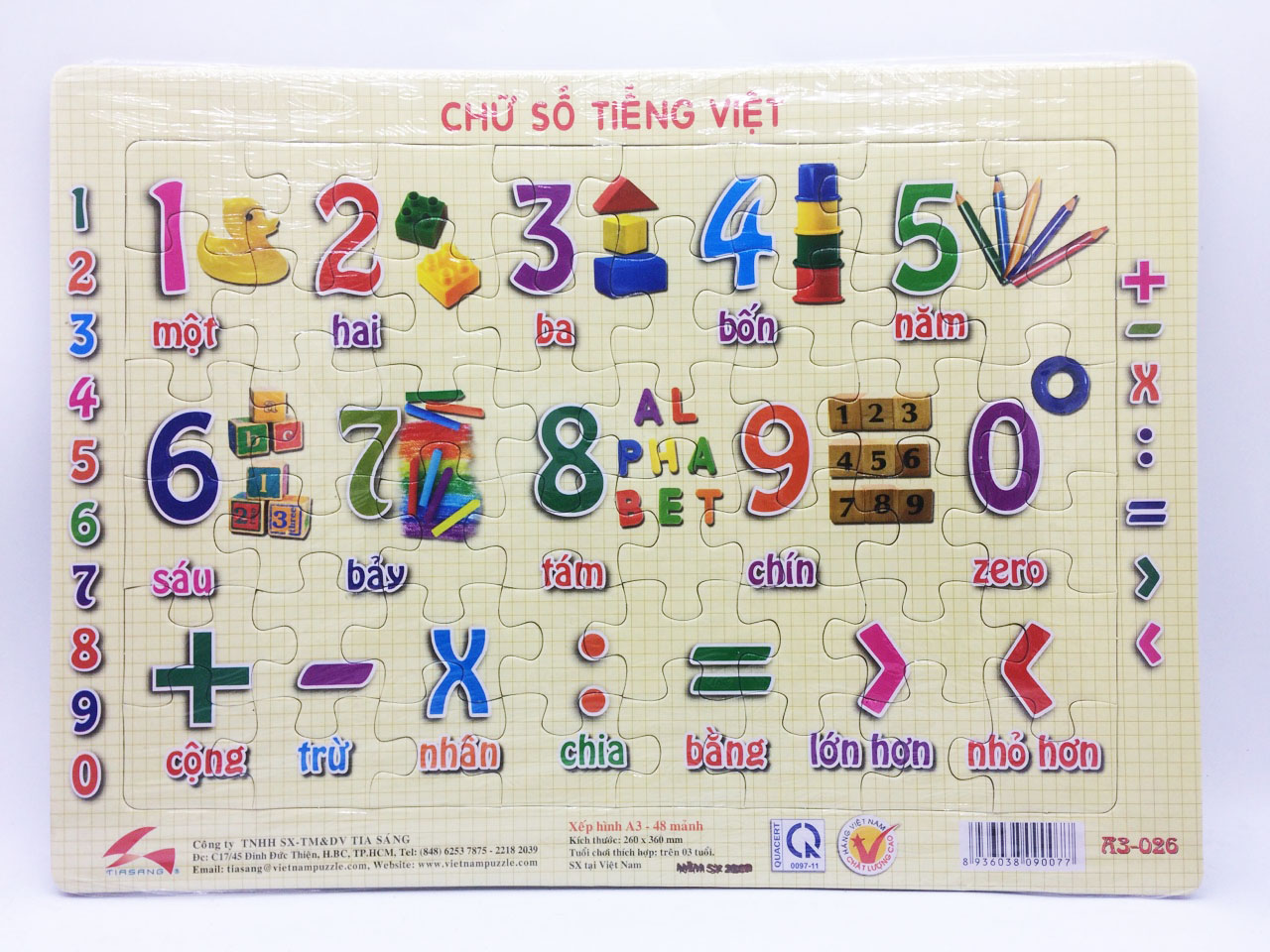 Bộ 2 tấm xếp hình Số  và chữ cái Tiếng Việt, Xếp hình 48 mảnh. Tia Sáng Việt Nam. Đồ chơi trí tuệ cho bé trên 3 tuổi. Chứng nhận chất lượng tên chủng loại: Xếp hình số mảnh ghép lên đến 250 mảnh. Ký hiệu: Xếp hình.