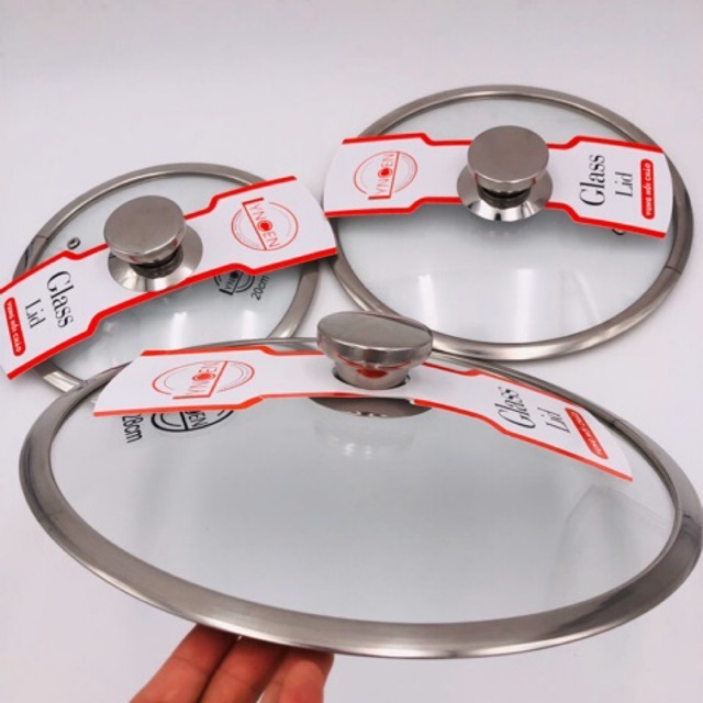 Nắp vung nồi chảo kính cường lực viền inox Lyncen xuất Nhật size 16/18/20/22/24/26/28/30cm