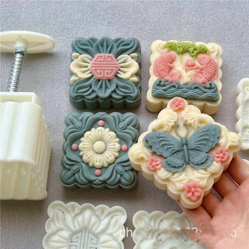 Khuôn bánh trung thu 3D 150g-200g 4 mặt vuông mẫu mới
