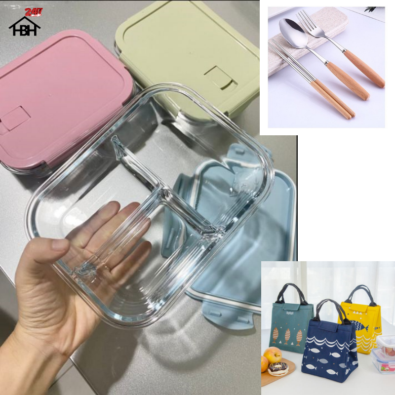Hộp Cơm Thủy Tinh 3 Ngăn 1050 ml + Túi Cá + Hộp Đũa Thìa Cán gỗ cực kì tiện lợi