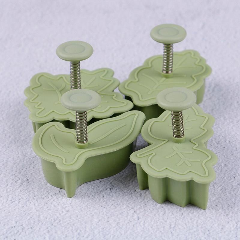4 Pcs/set Leaf Shape Biscuit Mold DIY Hand Pressure Fondant Cake Mould Plastic Cookie Cutters Set Spring Plunger Baking Tool