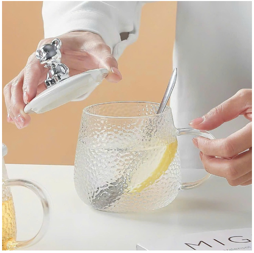 Cốc thủy tinh nắp gấu Bear chịu nhiệt cao 420ML, ly thủy tinh xinh xắn kèm thìa inox có nắp hình gấu  GD750-LyBrick