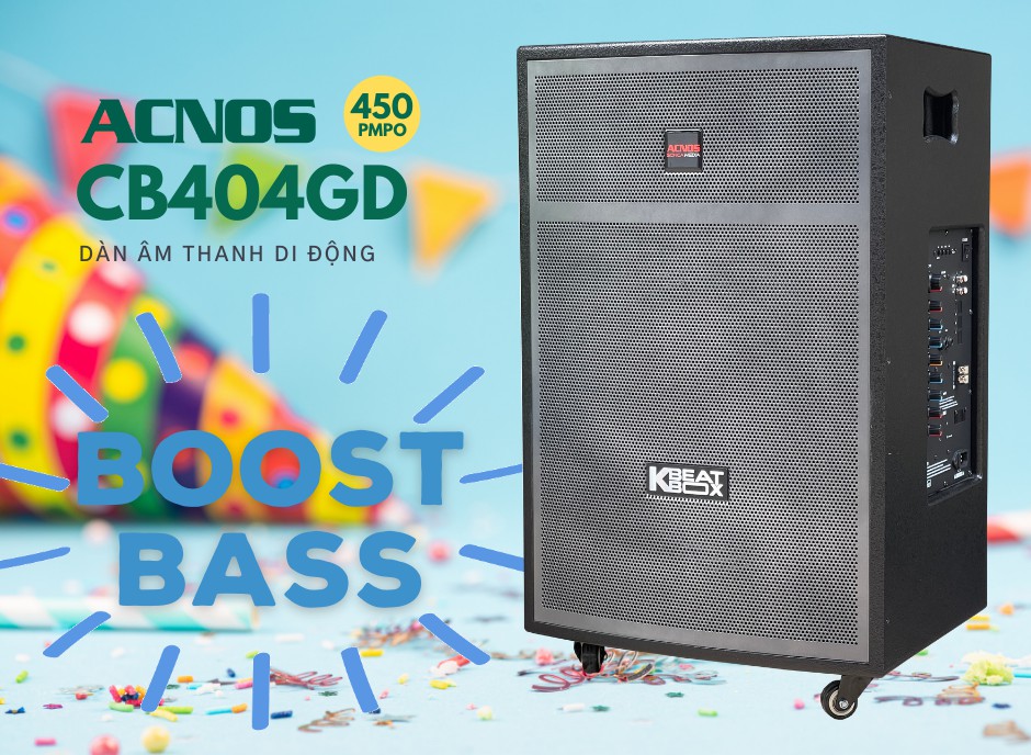 Dàn Karaoke di động ACNOS CB404GD - Loa kéo bass 4 tấc - Công suất lên đến 450W - Đầy đủ bluetooth 5.0, cổng quang (Optical), AUX, USB – Điều chỉnh Delay, Echo dễ dàng - Chế độ Bass Boost tăng âm trầm cực mạnh - Kèm 2 micro không dây UHF - Hàng nhập khẩu