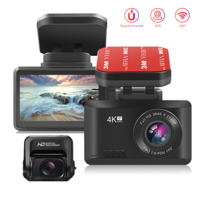 Camera hành trình ô tô độ phân giải 4K (3840*2160P), Wifi, 2.45 inch - Camera trước: 2160P, góc quay 170° - Camera sau: 1080P