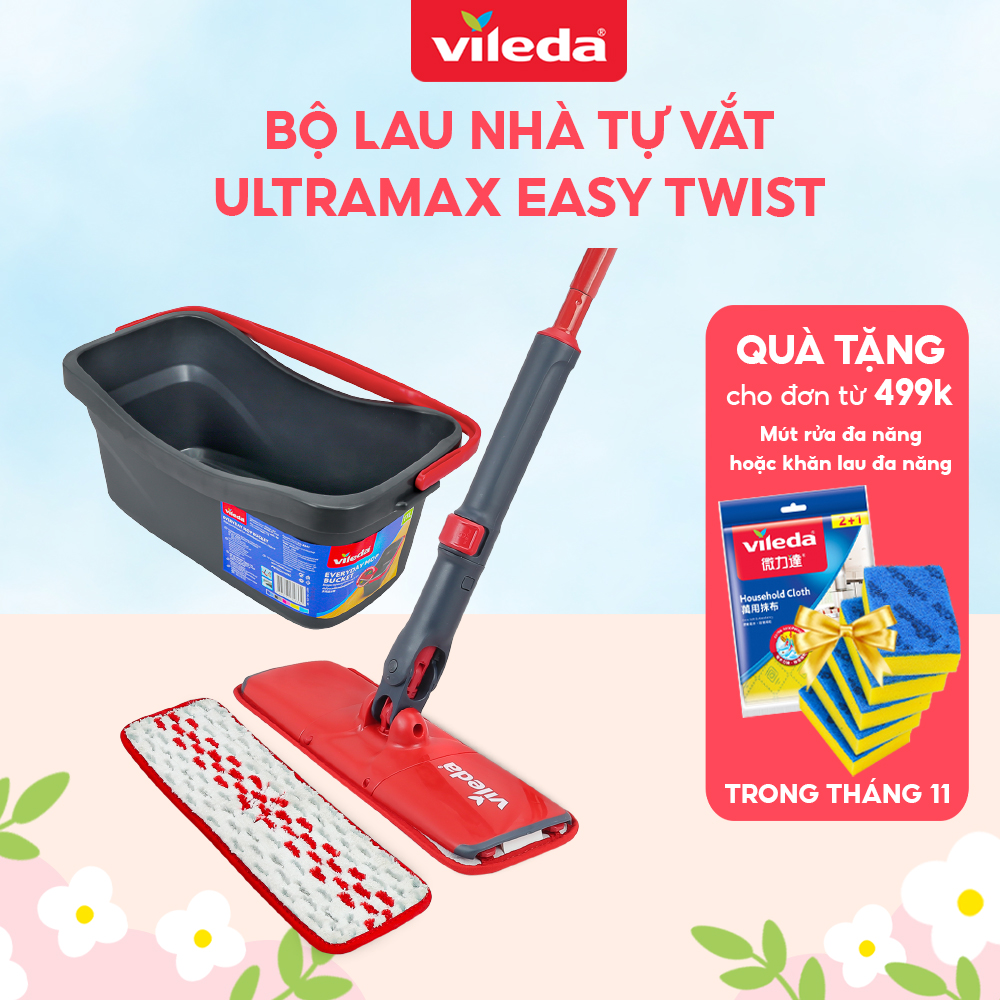 Cây lau nhà thông minh tự vắt VILEDA UltraMax Easy Twist gồm xô giặt, công nghệ Powerzone sạch sâu các loại mặt sàn