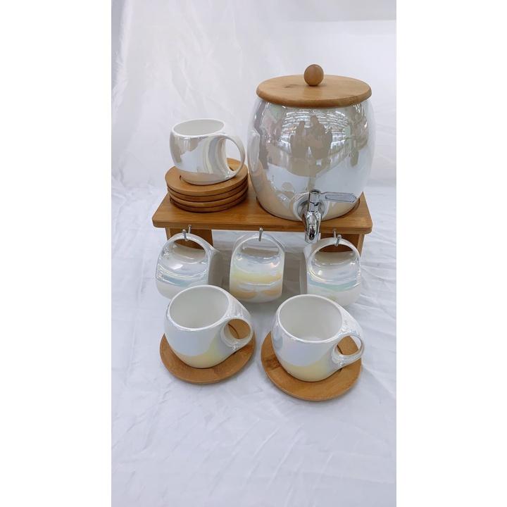 BỘ BÌNH TRÀ BOM, ĐỰNG NƯỚC UỐNG GỐM SỨ CAO CẤP CÓ VÒI, 6 CỐC VÀ GIÁ ĐỂ BÌNH TRẮNG ÁNH TRAI
