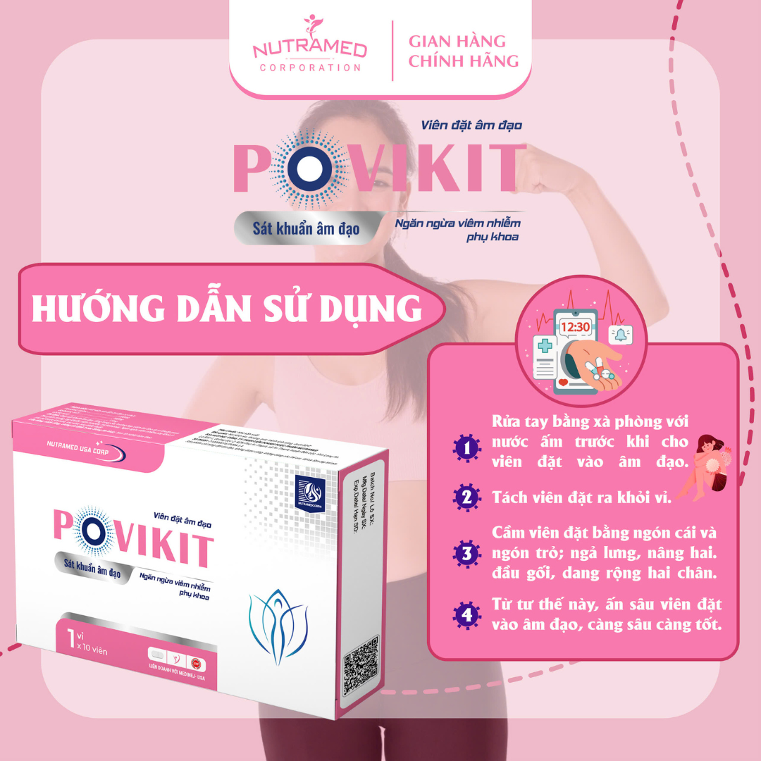 Viên đặt Povikit hỗ trợ giảm viêm cô bé do nhiễm vi khuẩn, nấm ngứa, mùi hôi - Nutramed (10 viên)