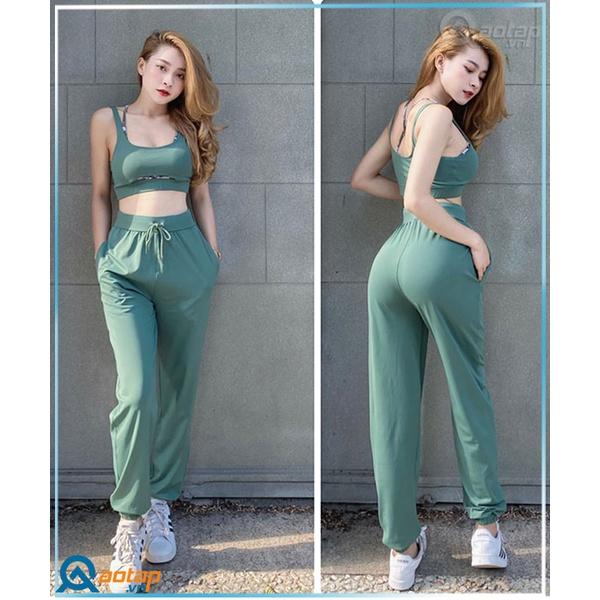 Set Tập Dài Bra 2 Lớp Phối Quần Jogger 2 Túi Xanh Rêu - Quần Áo Thể Thao Nữ Mẫu Mới