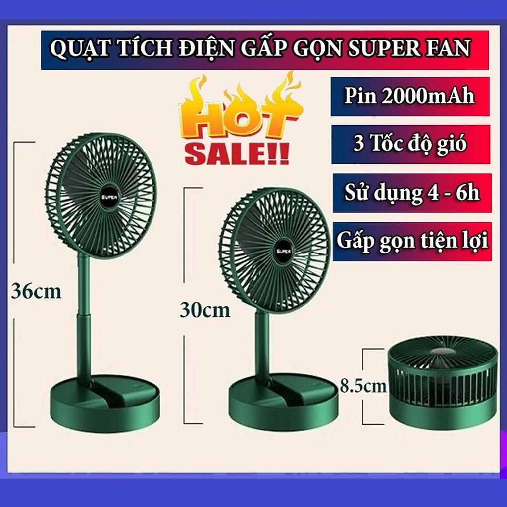 Quạt Tích Điện Gấp Gọn SUPER 3 Cấp Độ Gió Sử Dụng Pin Sạc, Quạt Để Bàn Mini Cổng Sạc USB Tiện Dụng