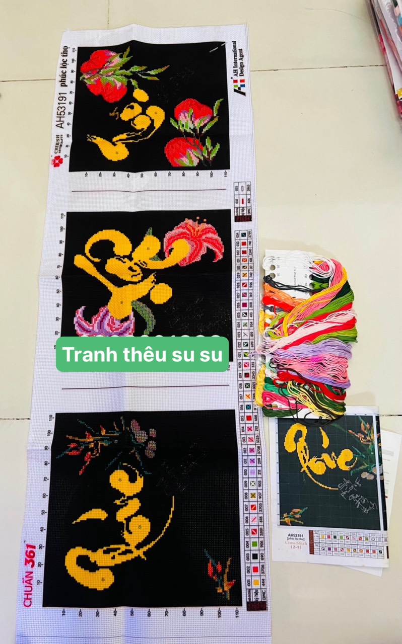 Tranh thêu chữ thập Phúc Lộc Thọ AL53191, tranh 3D, kích thước 85 x 35 cm
