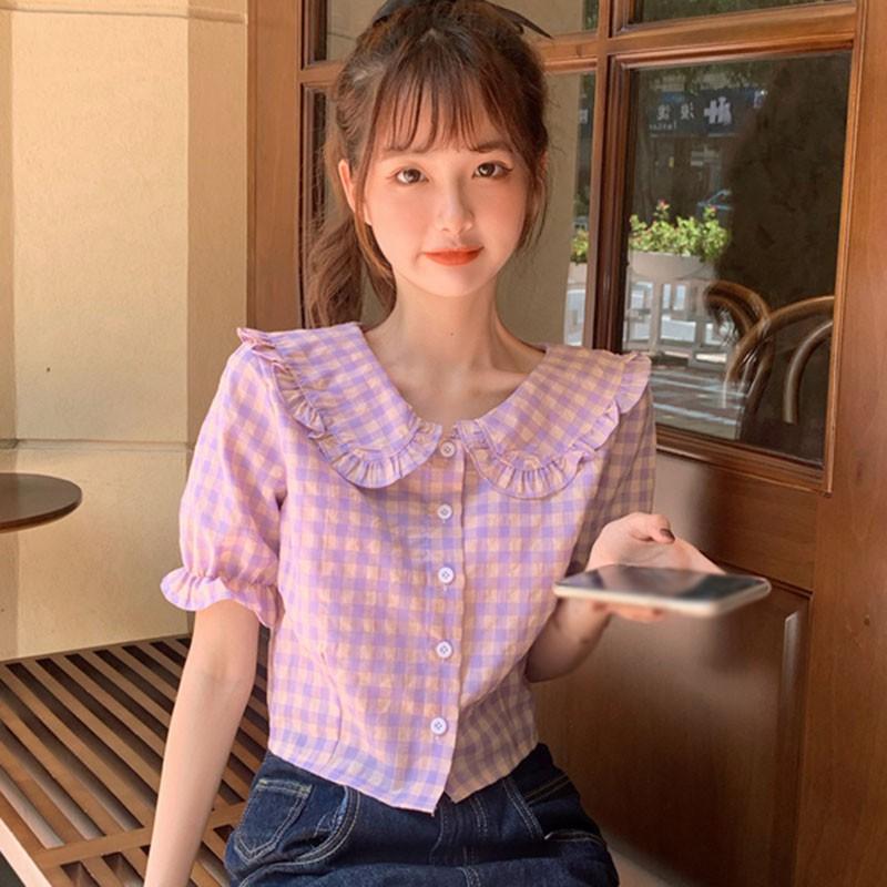 Áo Sơ Mi Caro Cổ Búp Bê Xinh Xắn Cho Nữ