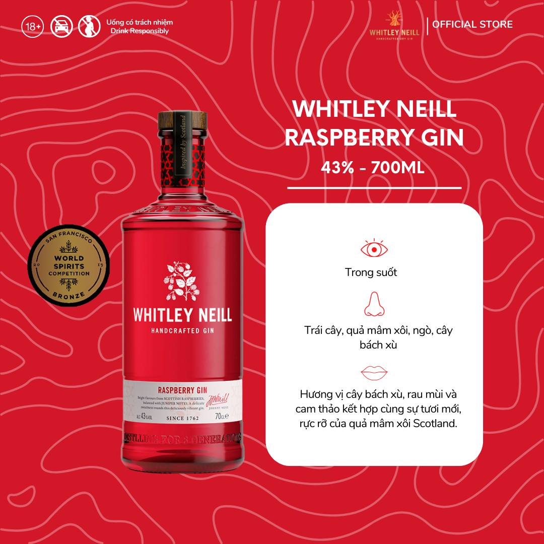 Rượu Whitley Neill Handcrafted Raspberry Gin 43% (700ml) - Không hộp