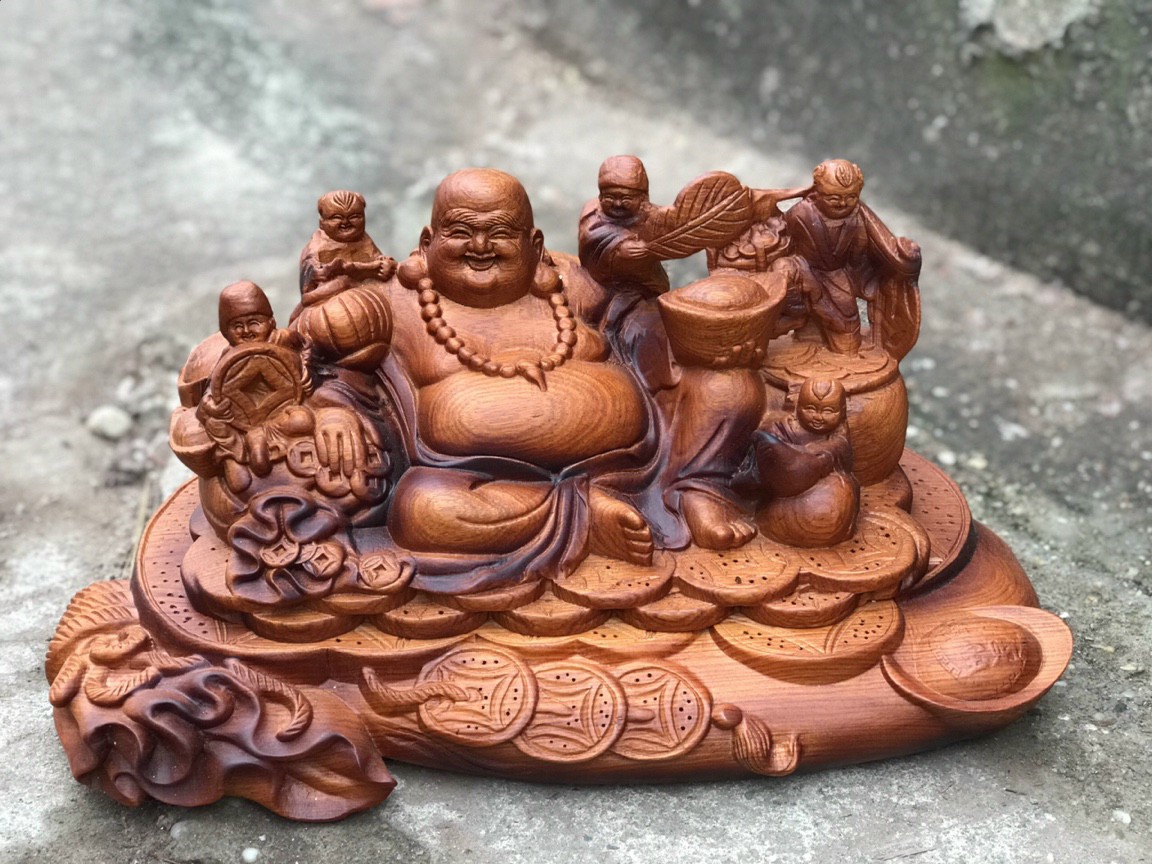 Tượng phật di lặc ngũ phúc bằng gỗ hương đá tô làm mầu giả cổ kt 40×20×20cm