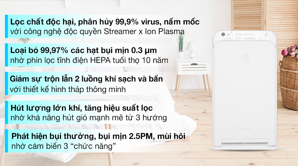 Máy Lọc Không Khí DAIKIN MCK55TVM6 Công nghệ Streamer 3C Tích Hợp Ion Plasma, Lõi Lọc Tuổi Thọ Lên Đến 10 Năm, Diệt Khuẩn Và Lọc Sạch 99,97% Bụi Bẩn, Diện Tích Sử Dụng 40 m2, Công Suất 58W - Hàng Chính Hãng