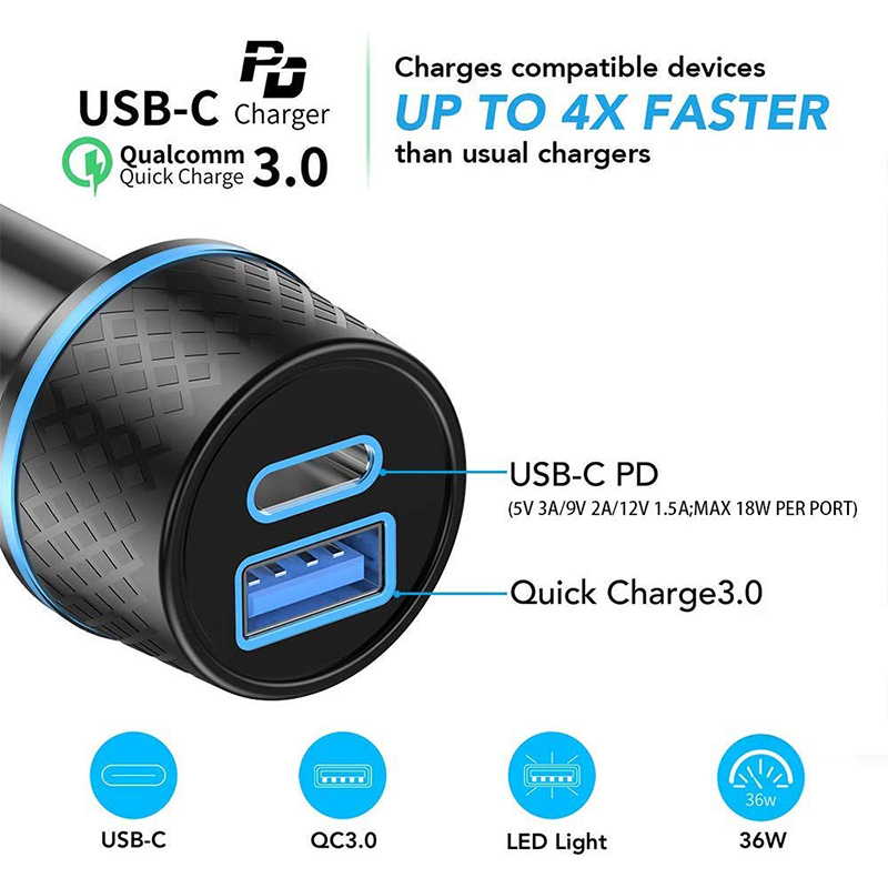 Tẩu sạc điện thoại trên ô tô USB C QGeeM 36W 2 cổng sạc nhanh Power Delivery (PD) &amp; Quick Charge (QC) 3.0 cho iPad Pro 2020, iPhone, MacBook - Hàng Chính Hãng