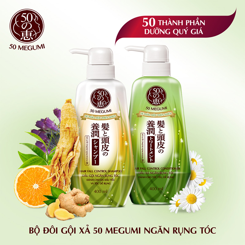 Hộp Quà Ngăn Rụng Tóc 50 Megumi Hair Fall Control (Dầu Gội 400ml + Dầu Xả 400ml) + Túi Du Lịch 50 Megumi Cỡ Lớn