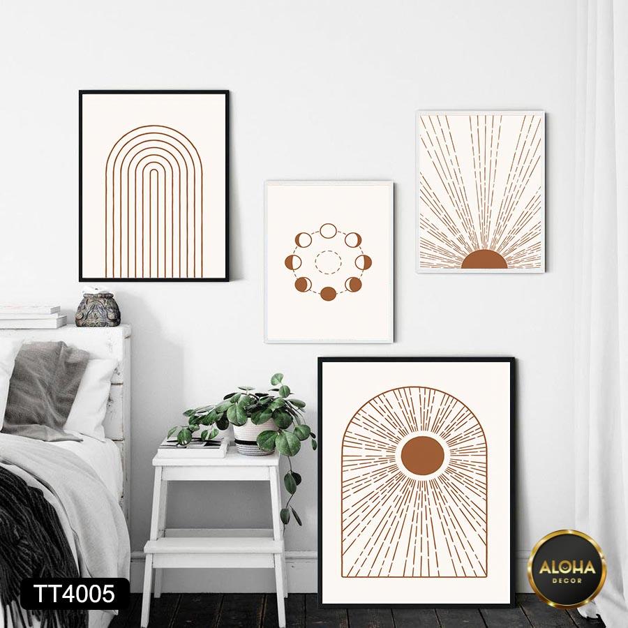 Set 4 tranh treo tường phòng khách Mininalist tông cam nâu tối giản - Tranh treo tường decor phòng ngủ tặng kèm khung