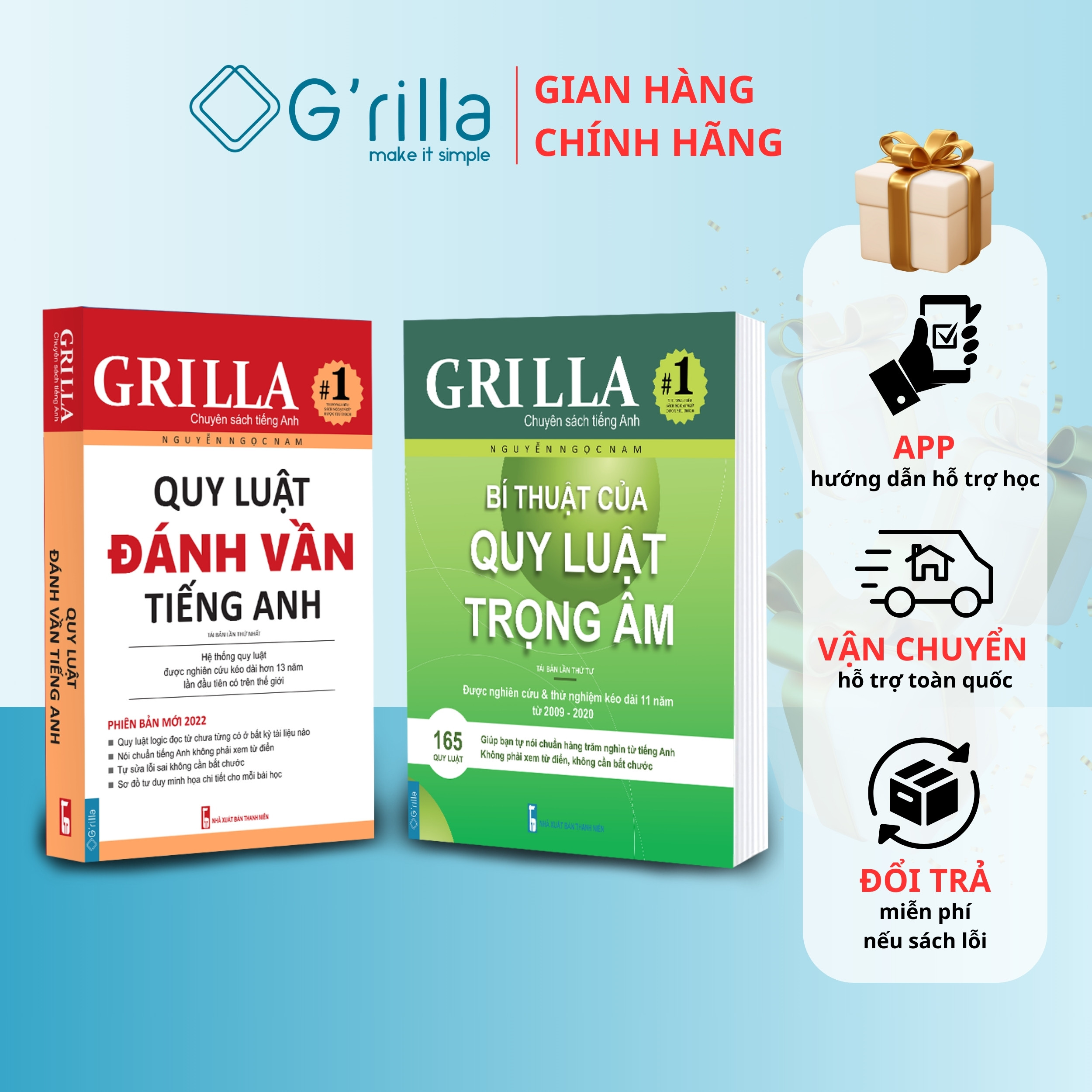 Sách combo bí thuật của quy luật trọng âm và quy luật đánh vần tiếng Anh, tặng app Grilla