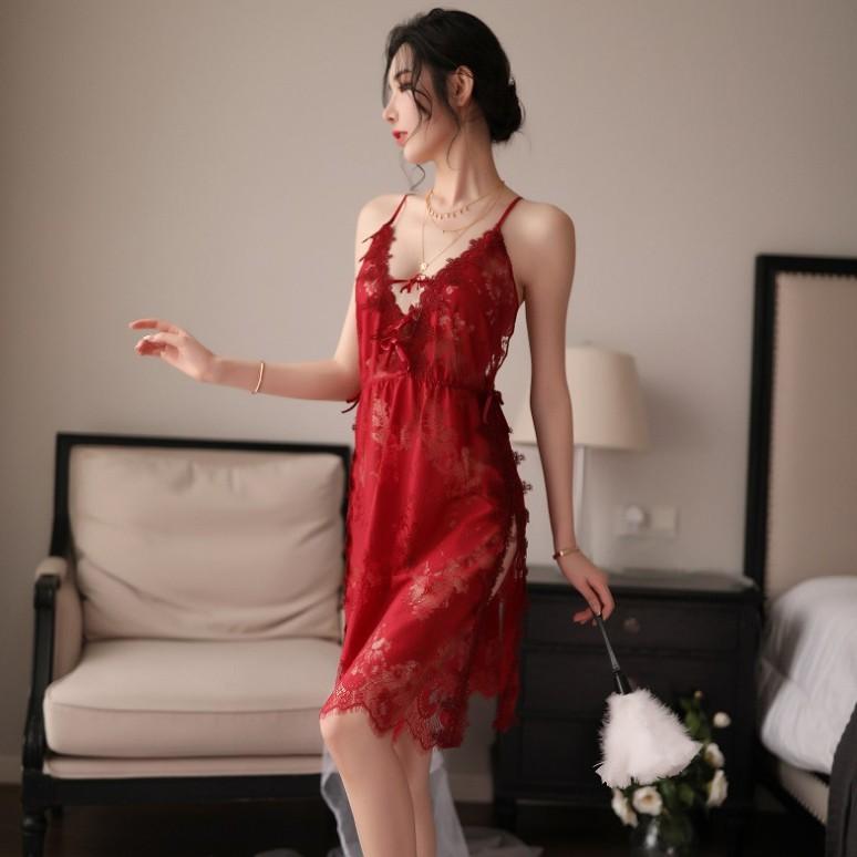 Đầm ngủ hai dây phối ren Sexy Girl - Đỏ