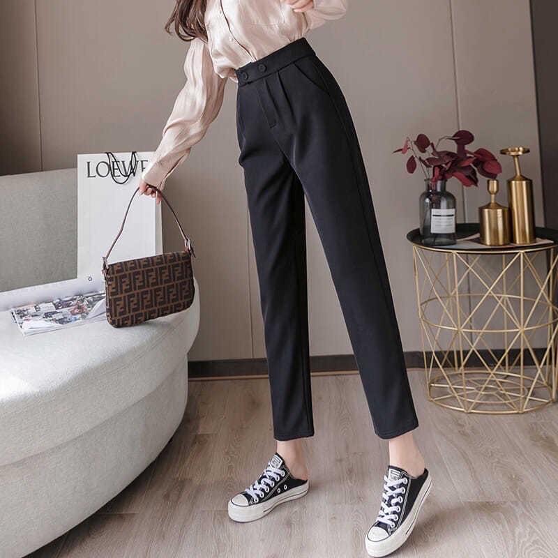 Quần tây đen công sở nữ 2 khuy bấm cạp lưng cao