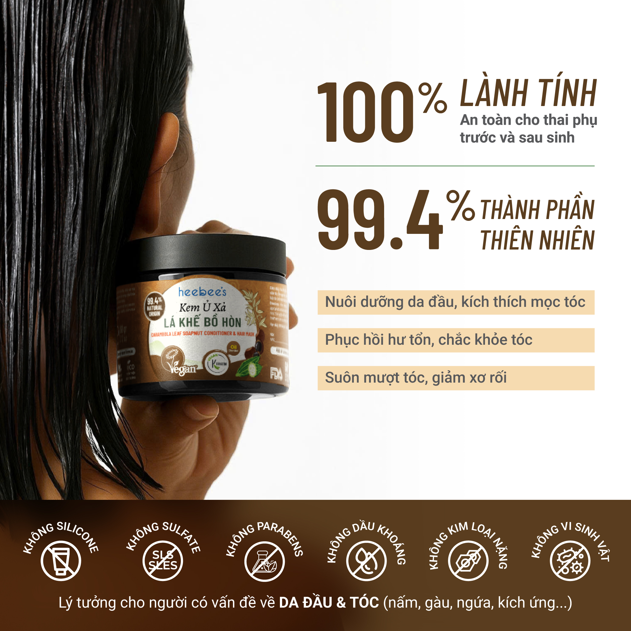 Kem Ủ Xả Lá Khế Bồ Hòn Heebee's Suôn Mượt, Chắc Khỏe, Bồng Bềnh 168 Gram