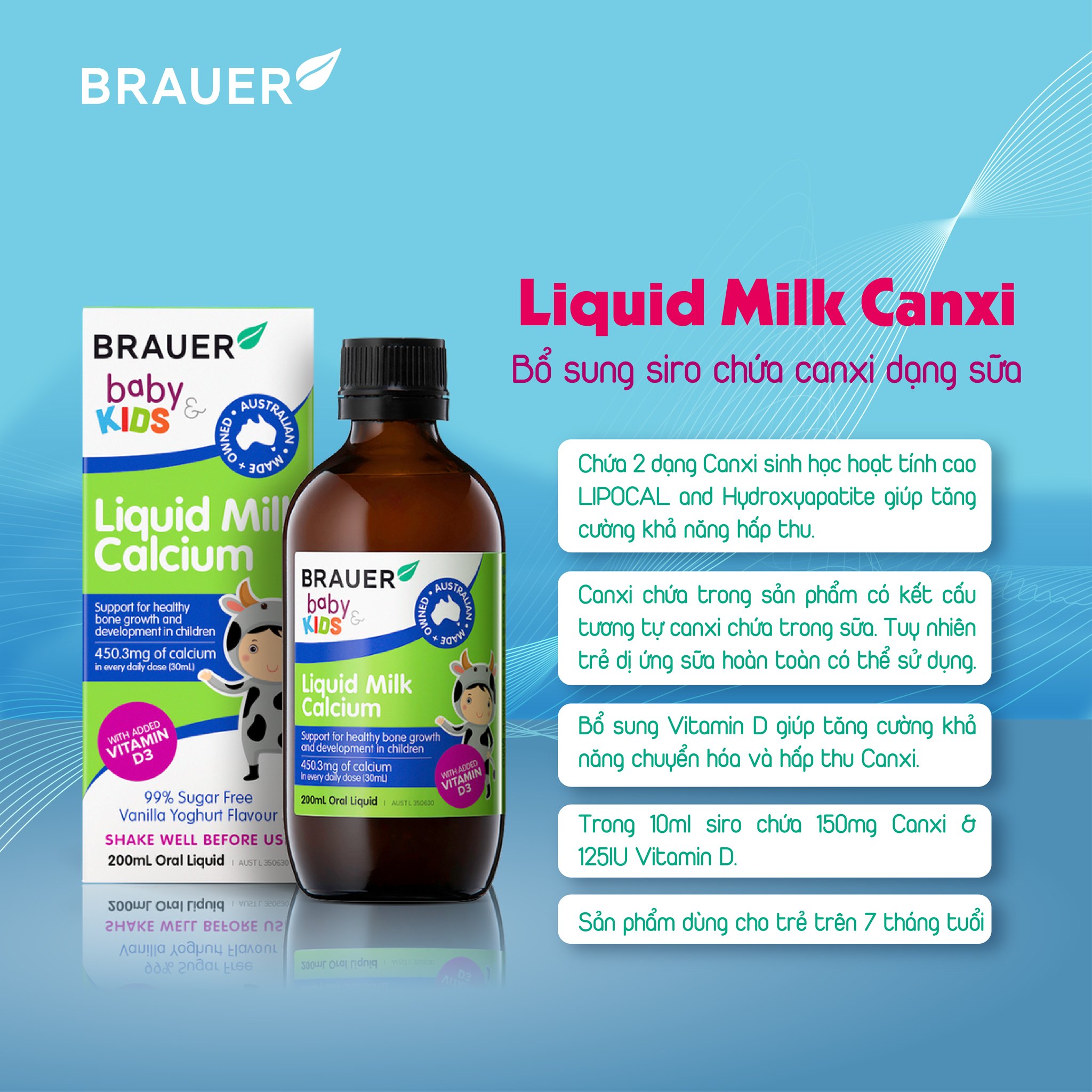 Calcium (canxi) hữu cơ, vitamin D3 cho trẻ sơ sinh, trẻ nhỏ Brauer Úc hỗ trợ phát triển chiều cao, cơ bắp, ngủ ngon, tăng hệ miễn dịch-OZ Slim Store