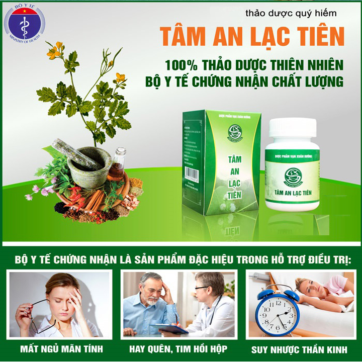 Hỗ trợ mất ngủ, rối loạn giấc ngủ, Giúp ngủ ngon và sâu giấc, khắc phục tình trạng khó ngủ, Giúp giảm lo âu, căng thẳng, suy nhược cơ thể.Tâm An Lạc Tiên