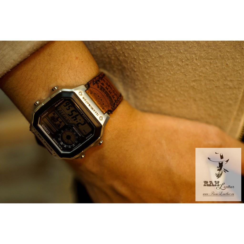 DÂY ĐỒNG HỒ CASIO AE1200/SEIKO5 TRỐNG ĐỒNG LIGHT BROWN SÁNG DA BÒ THẬT