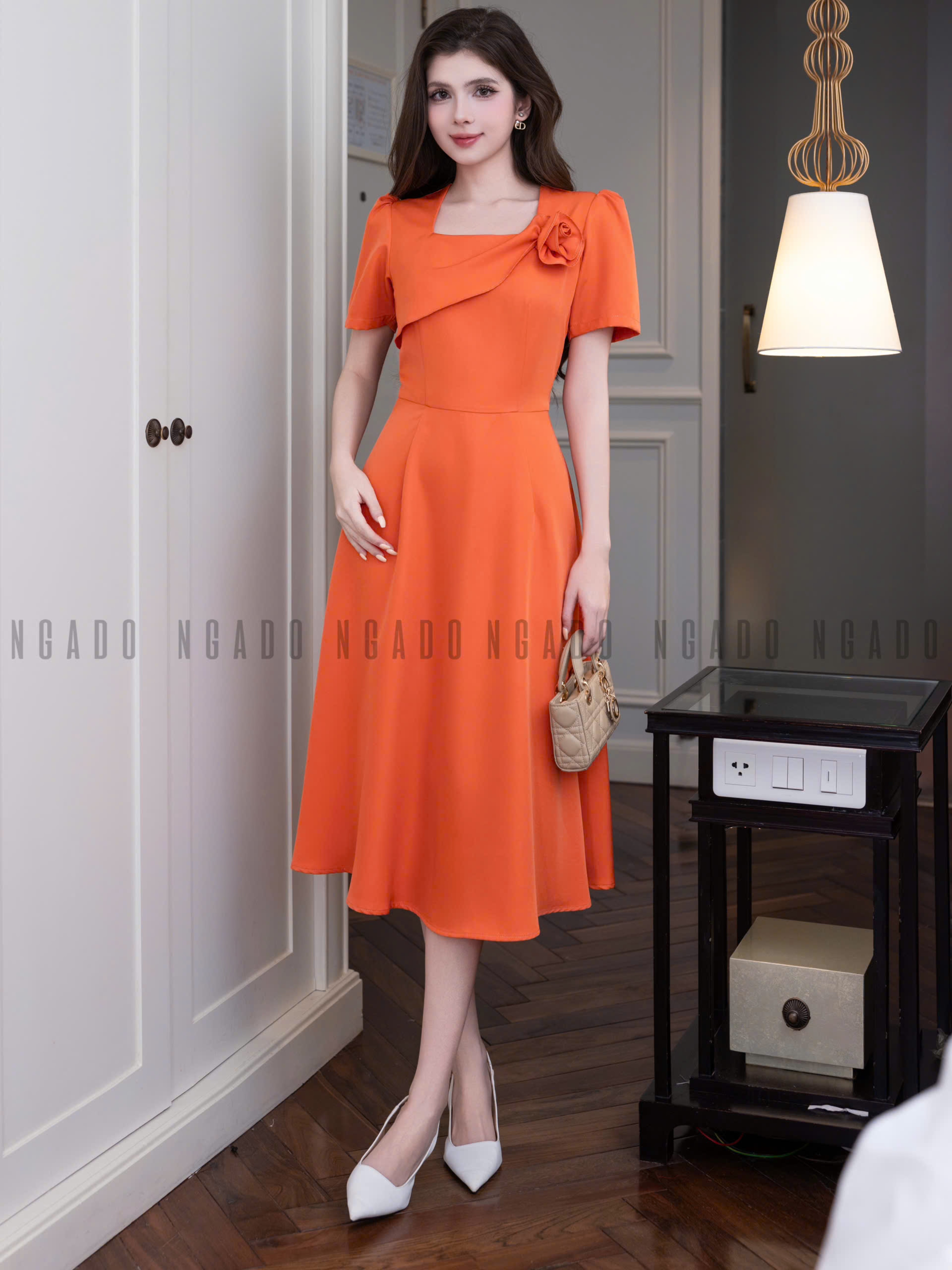 Đầm cam phối hoa NGADO , đầm nữ , đầm công sở , dự tiệc