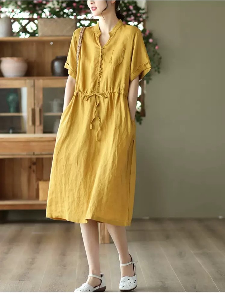 Đầm Linen suông nữ cổ V, Váy suông Linen rút eo cài cúc, tay ngắn có túi ngực, form rộng mặc hè cho nữ Haint Boutique