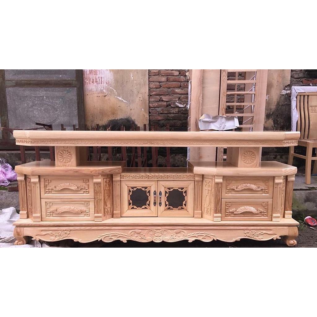 Kệ tivi vát cạnh gỗ xoan đào màu cánh gián vân gỗ tự nhiên, gỗ đã được xử lý tẩm