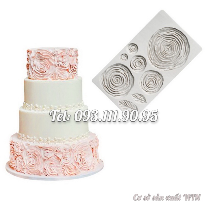 Khuôn silicon làm viền bánh, rau câu, fondant 6 hoa hồng xoáy kèm lá - Mã số 1401