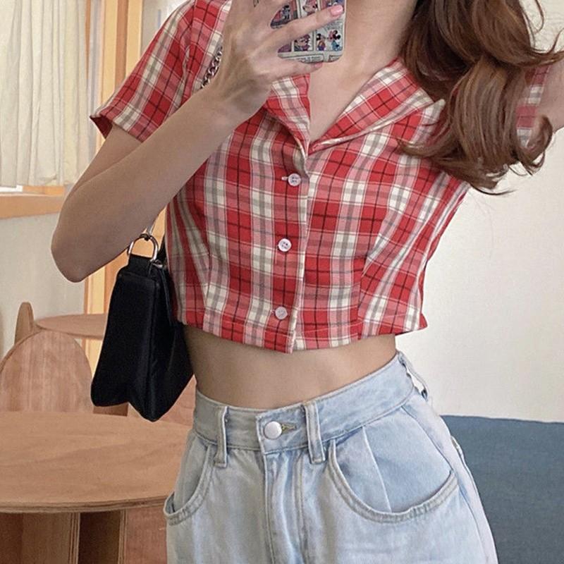 Áo croptop sơ mi cổ vest kẻ caro cao cấp
