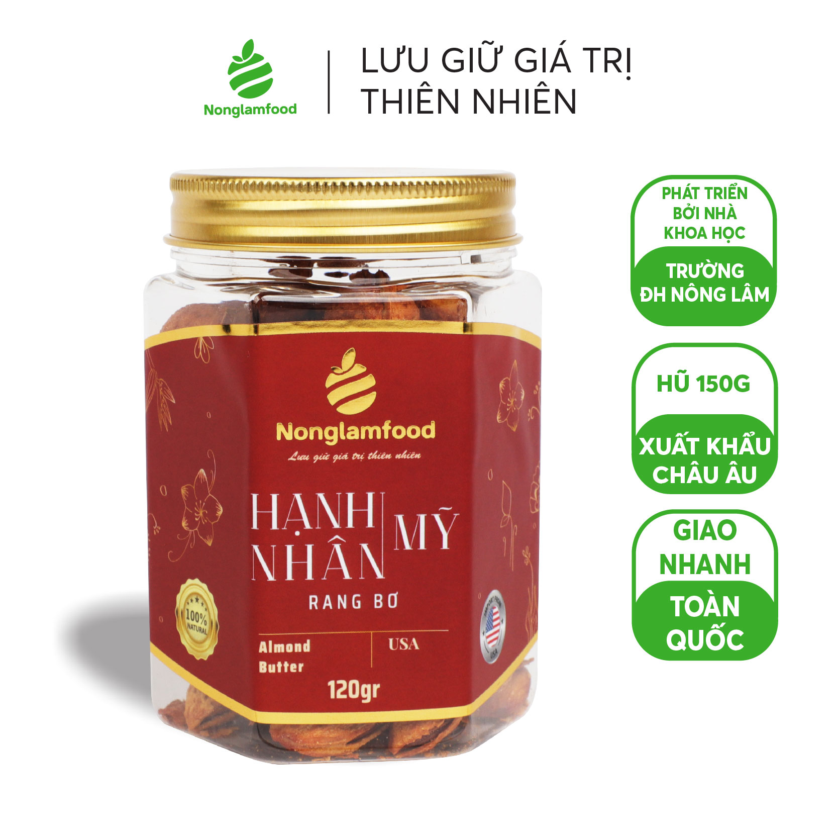 Hạnh nhân Mỹ rang bơ Nonglamfood hũ 150g | Quà tặng cao cấp | Quà Tết 2023