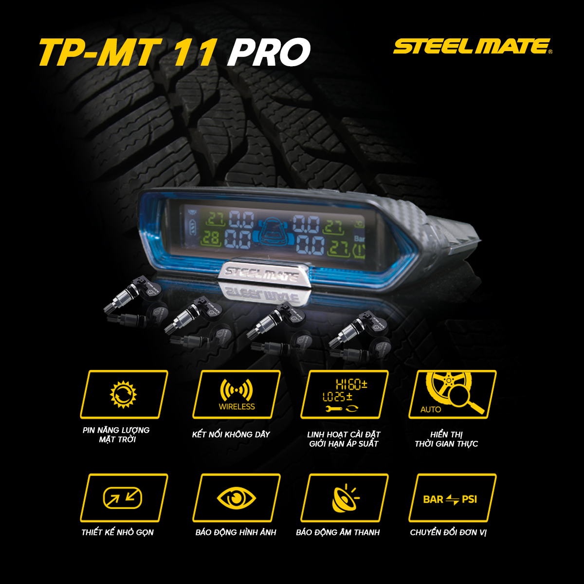 Cảm biến áp suất lốp năng lượng mặt trời TP-MT11 PRO STEELMATE