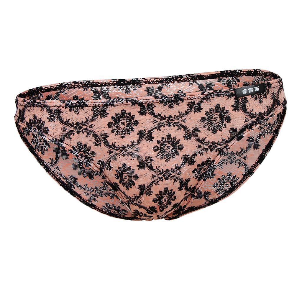 Men's Sissy Sheer Lace Briefs Floral Geometric Patterns Underwear - Orange, L