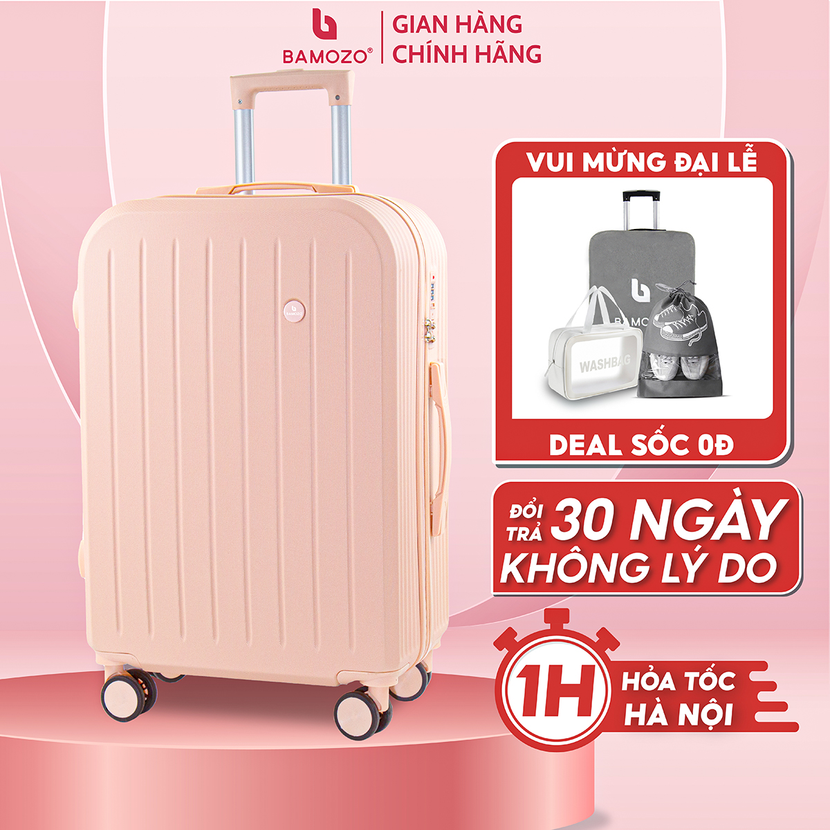 Vali du lịch thời trang BAMOZO 8812 MÀU HỒNG NHẠT size 20/24 , vali kéo chống trầy xước được bảo hành 5 năm