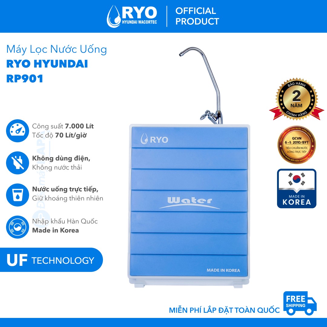 Máy Lọc Nước RYO Hyundai RP901 Chuẩn Nước Khoáng Uống Trực Tiếp - Công Nghệ UF 5 Cấp Lọc, Nhập Khẩu Hàn Quốc - Hàng Chính Hãng