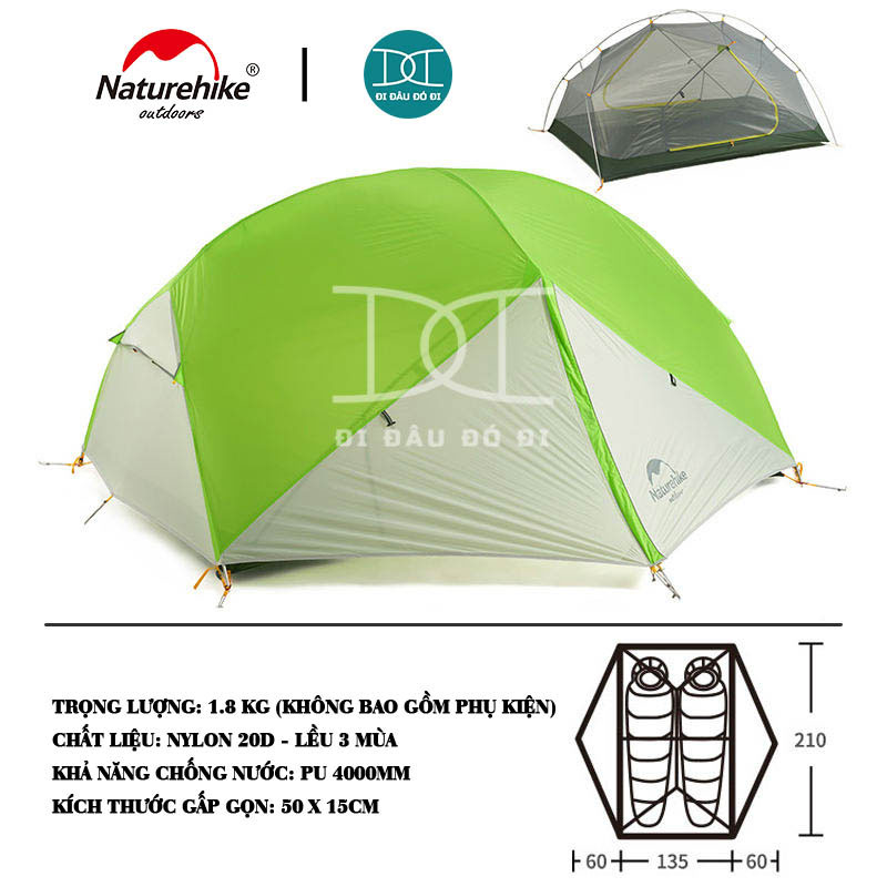 Lều 2 người cao cấp NatureHike Mongar chính hãng, chống nước, chống tia UV, chống gió và dễ dàng lắp đặt NH17T007-M