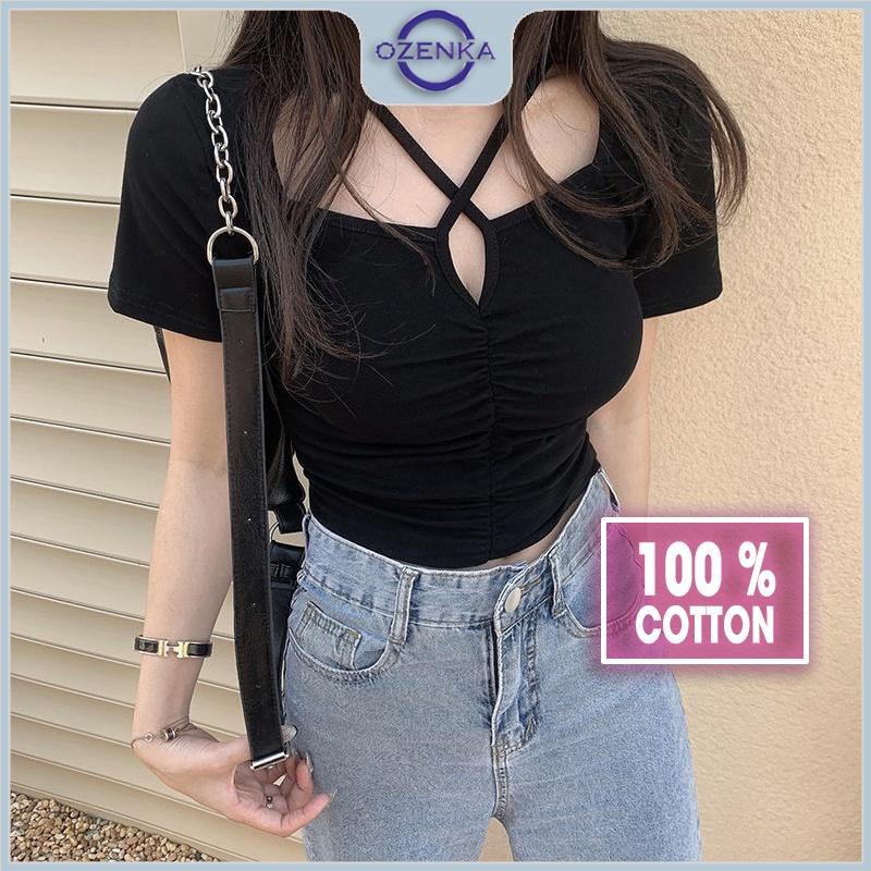 Áo croptop ngắn tay cổ sẻ v màu trơn nữ OZENKA , áo crt đen trắng form ôm body thun gân 100% cotton mềm mịn mát